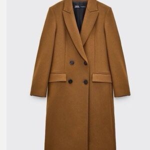 Zara “Glen” double breasted tan coat, size small.